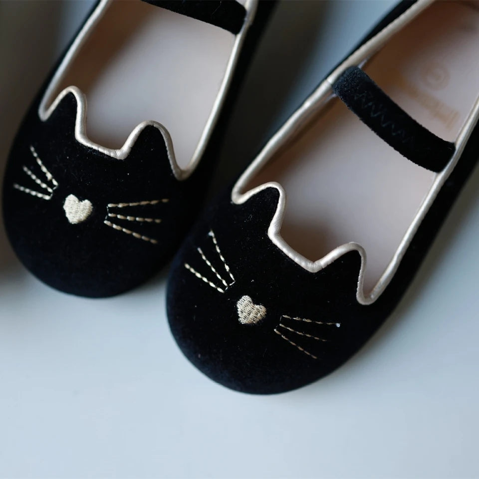 Luna Black cat velour kitty shoes with bell - Ready to ship