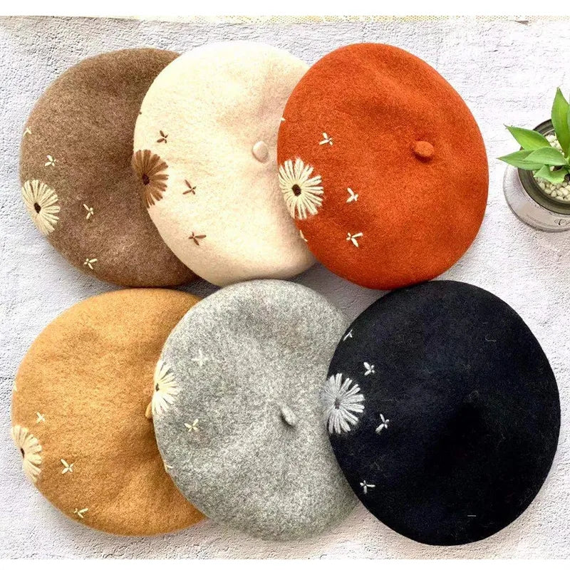 Embroidered dandelion beret