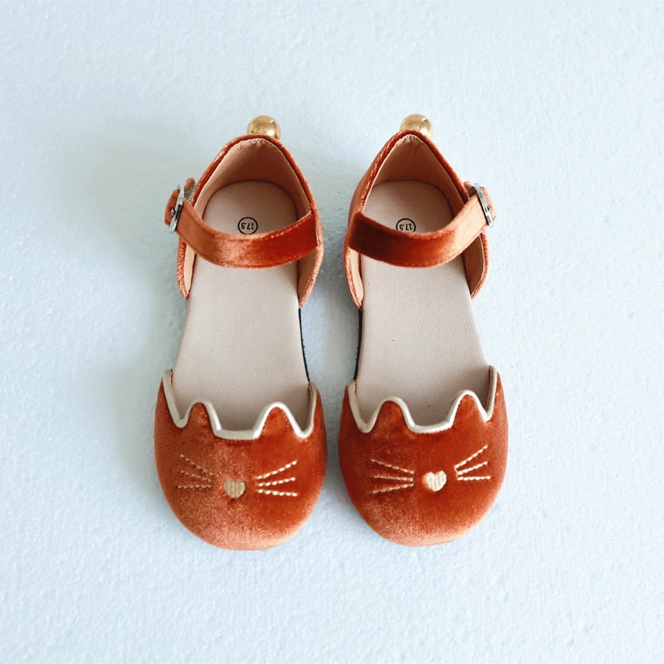 Luna Black cat velour kitty shoes with bell - Ready to ship
