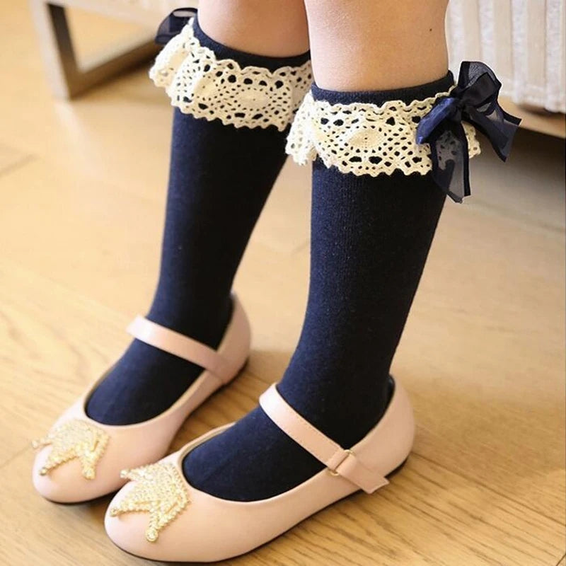 Lace trim bow knee high Socks