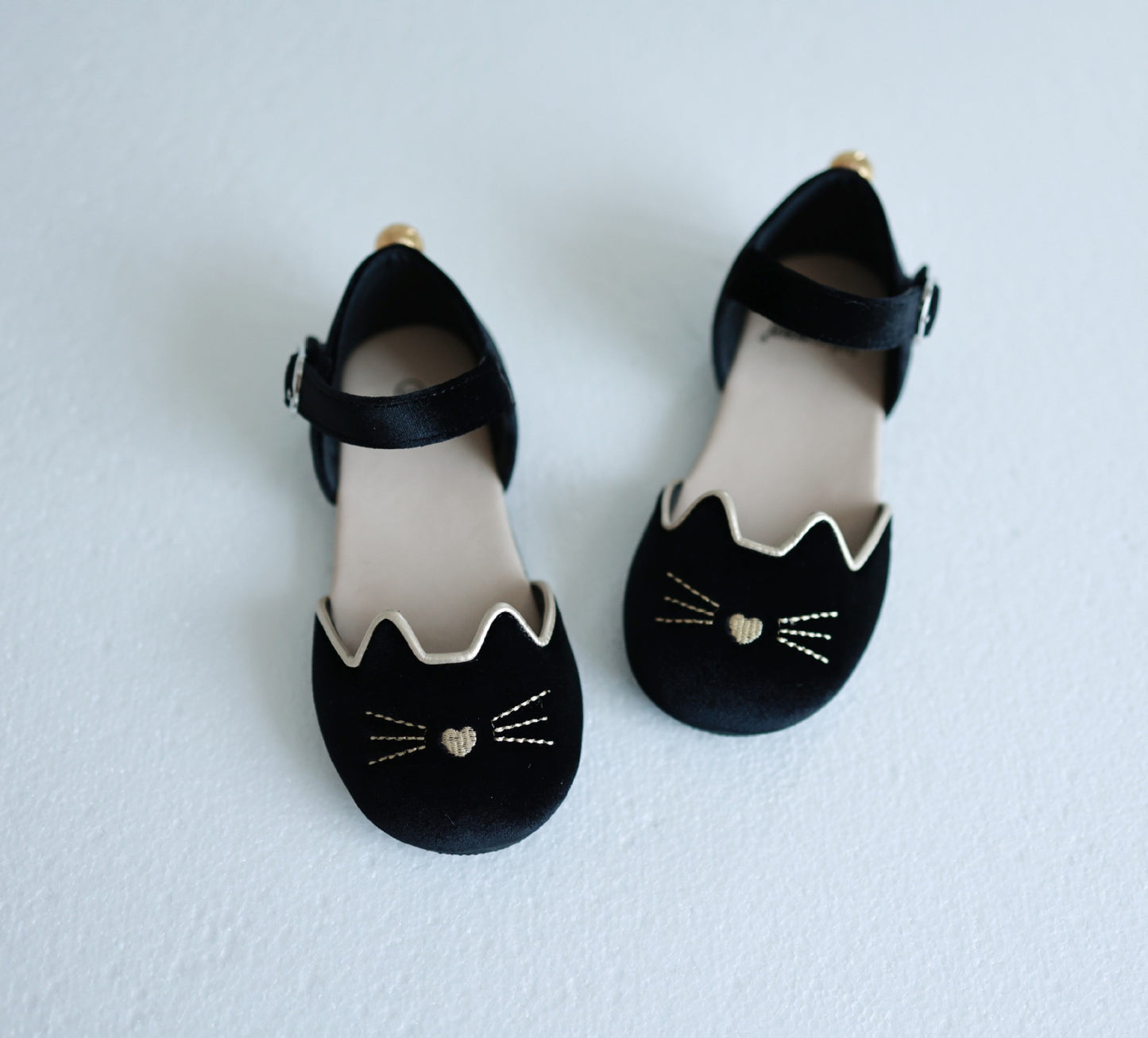 Luna Black cat velour kitty shoes with bell - Ready to ship