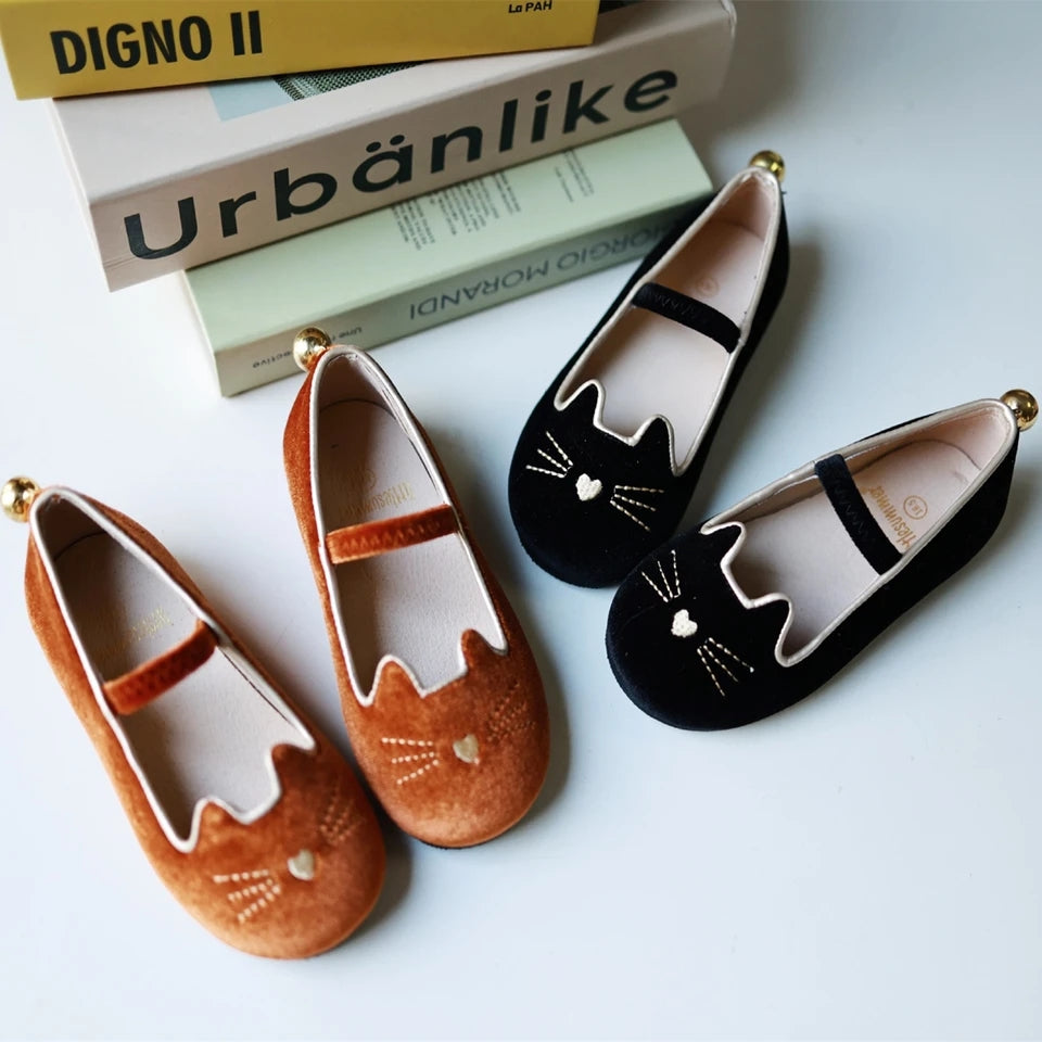 Luna Black cat velour kitty shoes with bell - Ready to ship