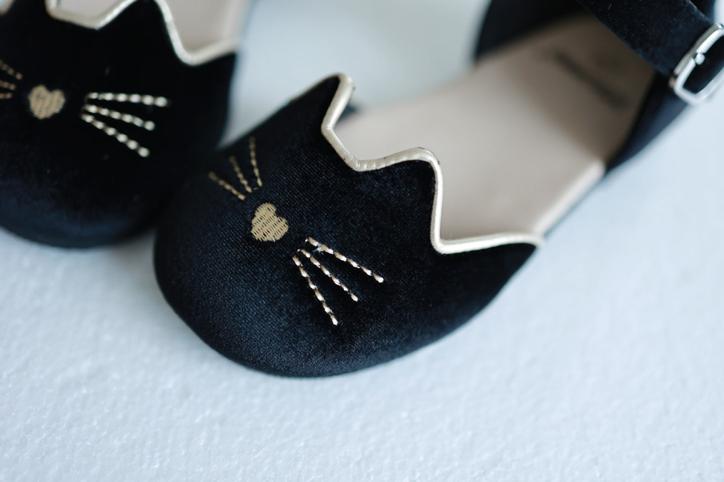 Luna Black cat velour kitty shoes with bell - Ready to ship