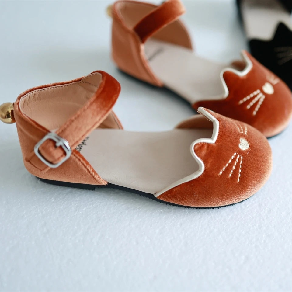 Luna Black cat velour kitty shoes with bell - Ready to ship