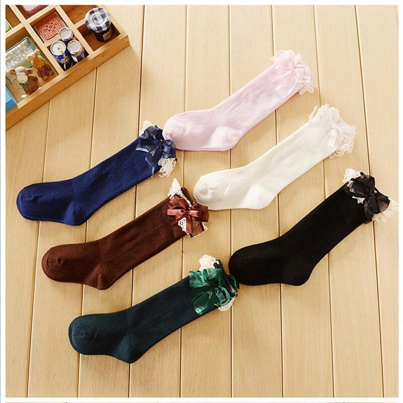 Lace trim bow knee high Socks