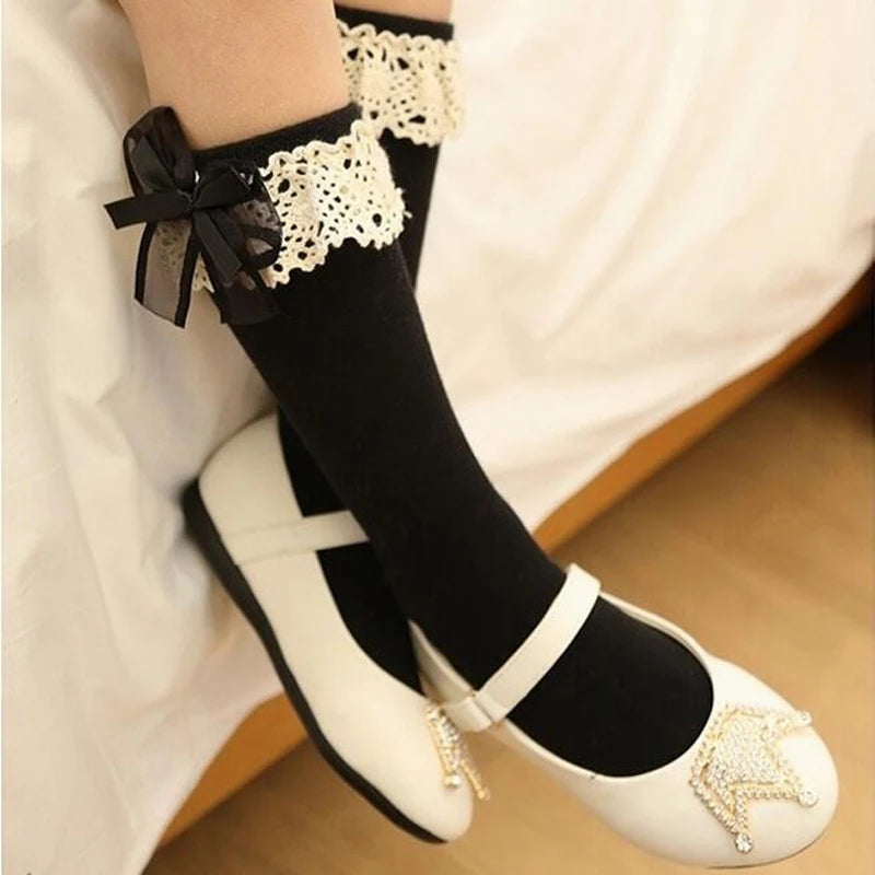 Lace trim bow knee high Socks