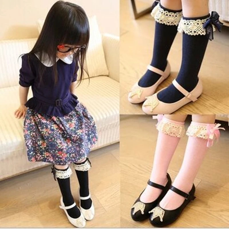 Lace trim bow knee high Socks