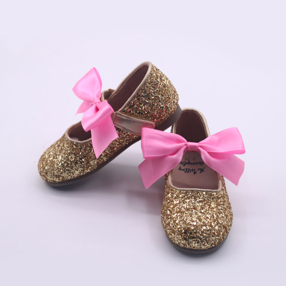 Charlotte glitter flats with interchangable satin bow