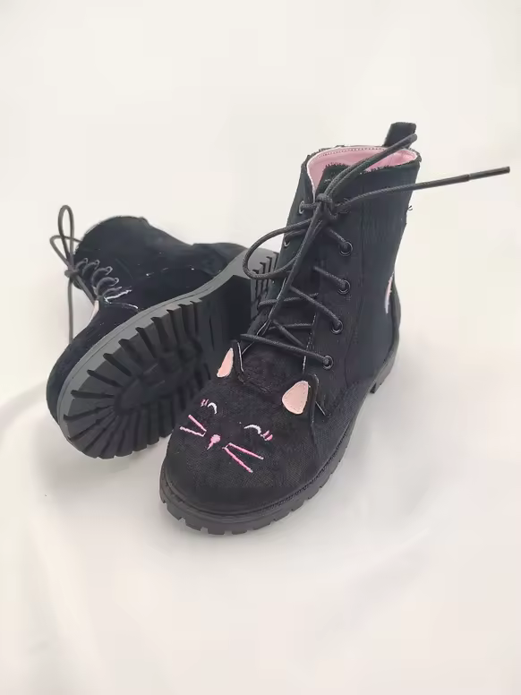Midnight Mischief Cat suede combat boots