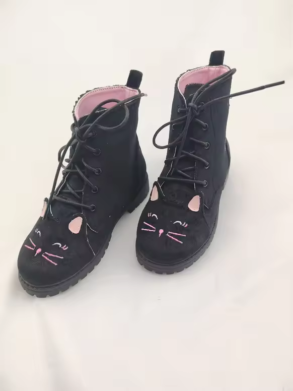 Midnight Mischief Cat suede combat boots