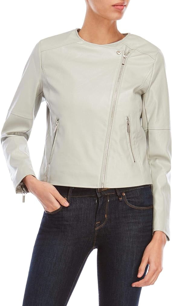Bagatelle Collarless Faux Leather Peplum Jacket (Medium, Grey)