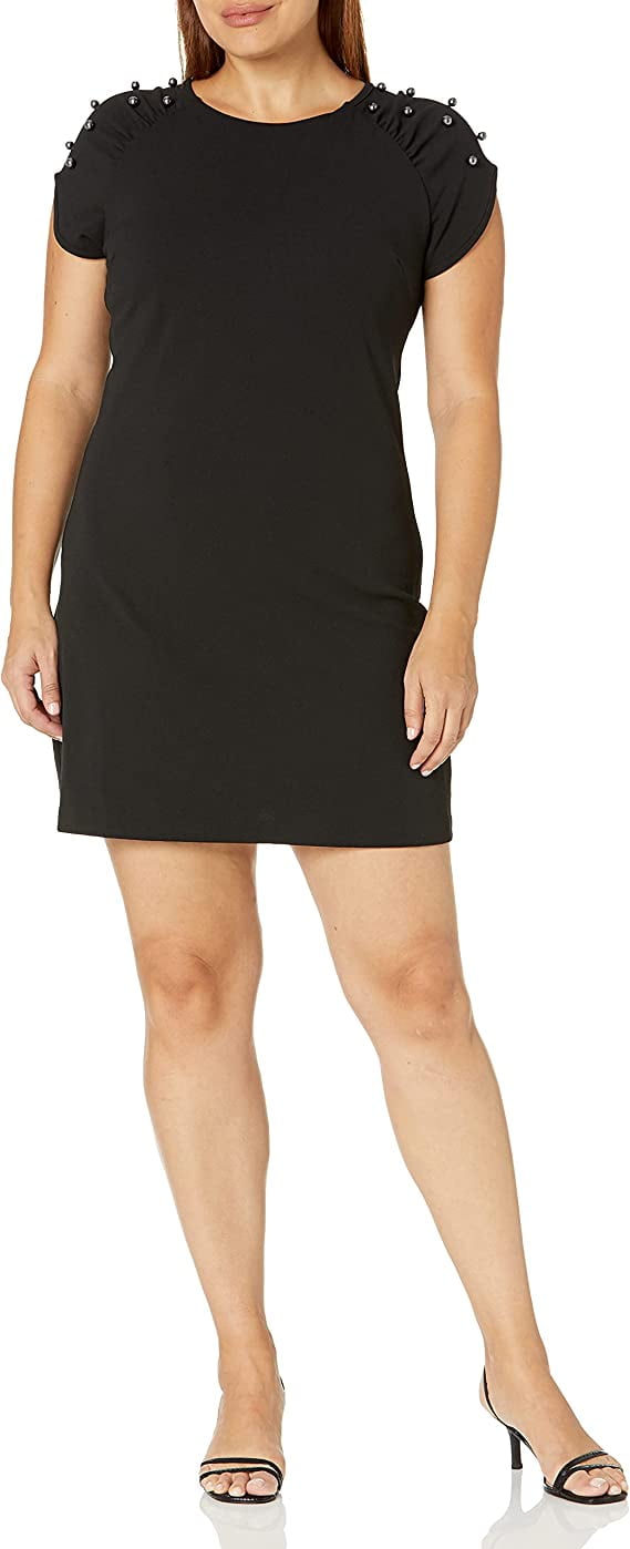 Betsey Johnson Women's Stretch Crepe Dress with Pearls on The Shoulder, Black, 8