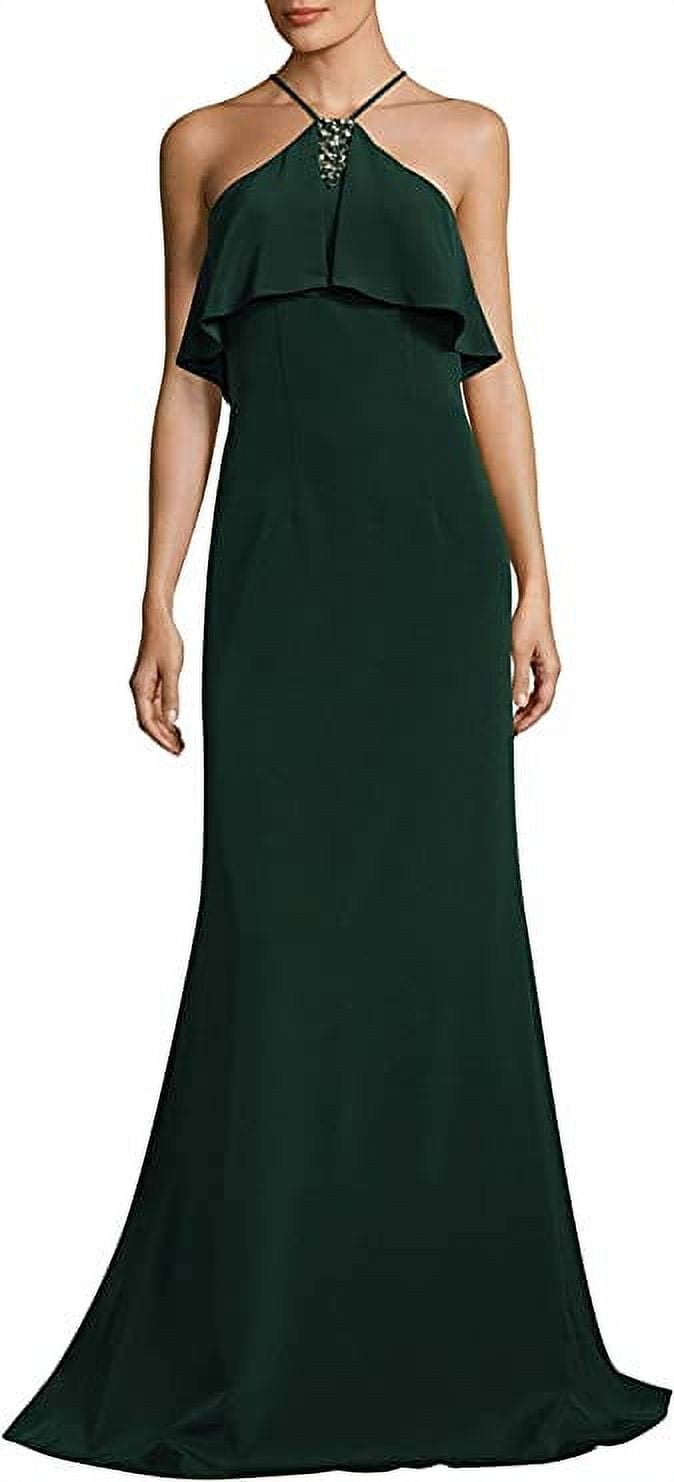 David Meister Floor-Length Halter Popover Crepe Gown in Hunter Green, 4