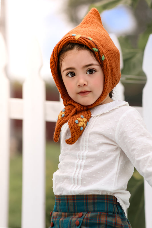 Crochet embroidered pixie hat bonnet