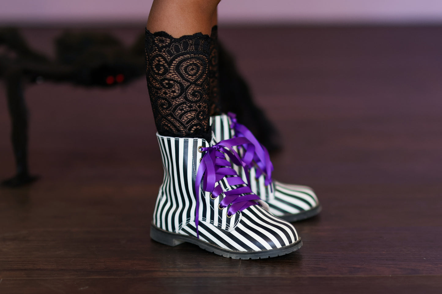 Strange and Unusual striped Halloween combat boots (vertical stripes)