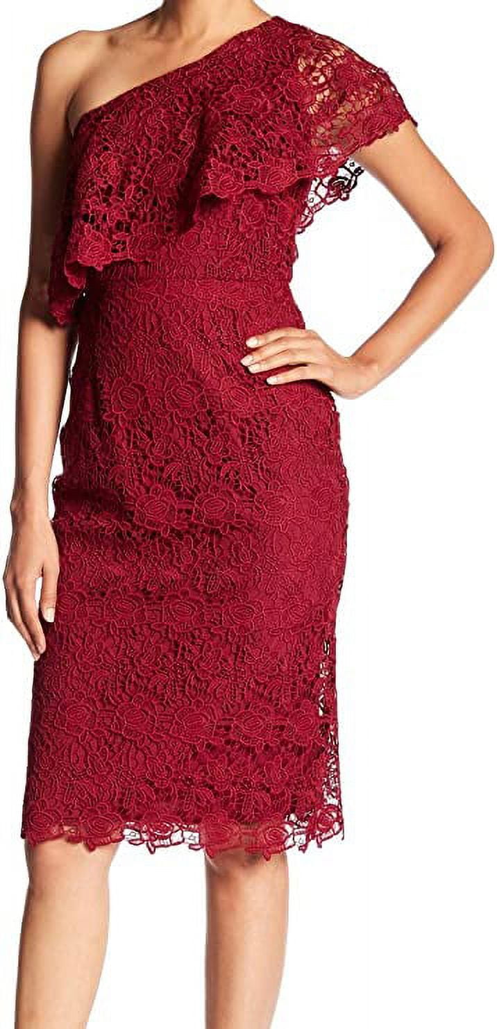 Nanette Nanette Lepore Women's One Shoulder Lace Sheath W/Flounce Neckline, Cranberry, 8