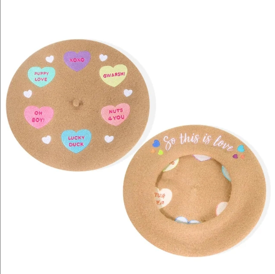 So this is love conversation heart beret