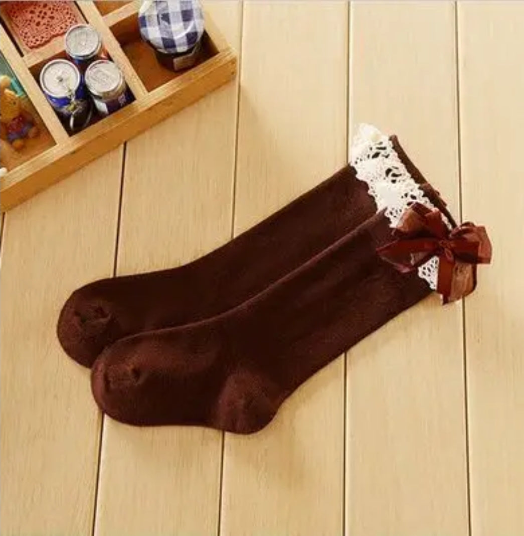 Lace trim bow knee high Socks