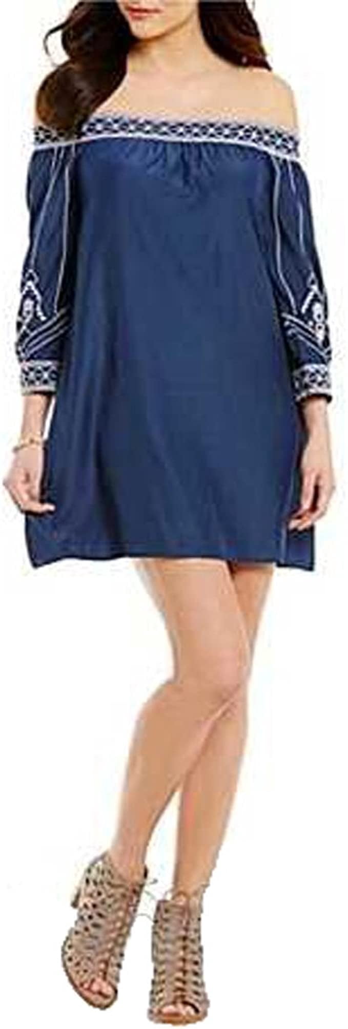 Sugar Lips Embroidered 3/4 Sleeve Mini Dress, Size Medium - Navy