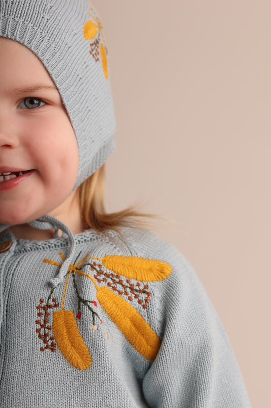 Fields of gold cardigan and bonnet