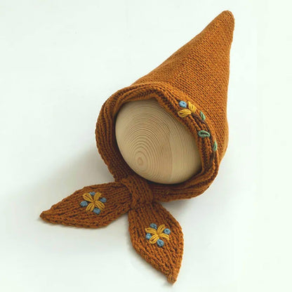 Crochet embroidered pixie hat bonnet