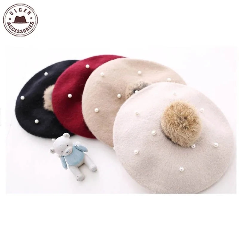 Fur pom pearl pom beret