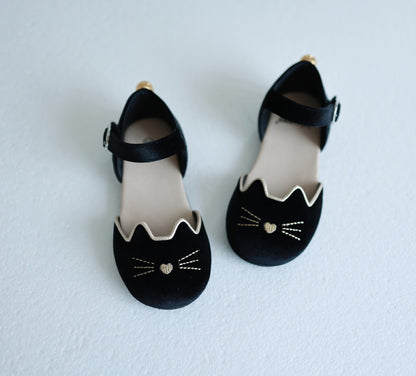 Luna Black cat velour kitty shoes with bell - Ready to ship