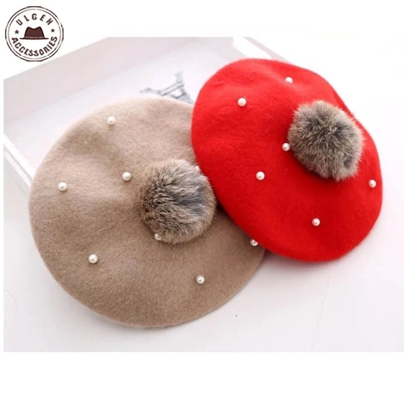 Fur pom pearl pom beret