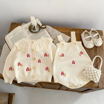 Mushroom embroidered cardigan with collar and romper