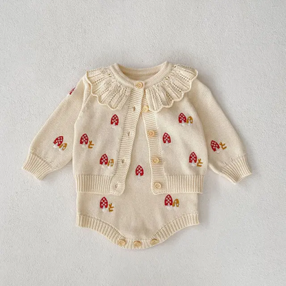 Mushroom embroidered cardigan with collar and romper