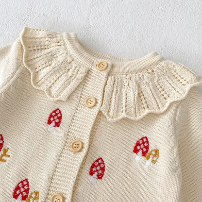 Mushroom embroidered cardigan with collar and romper