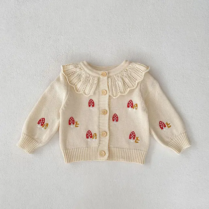 Mushroom embroidered cardigan with collar and romper