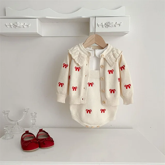 Bow embroidered cardigan with collar