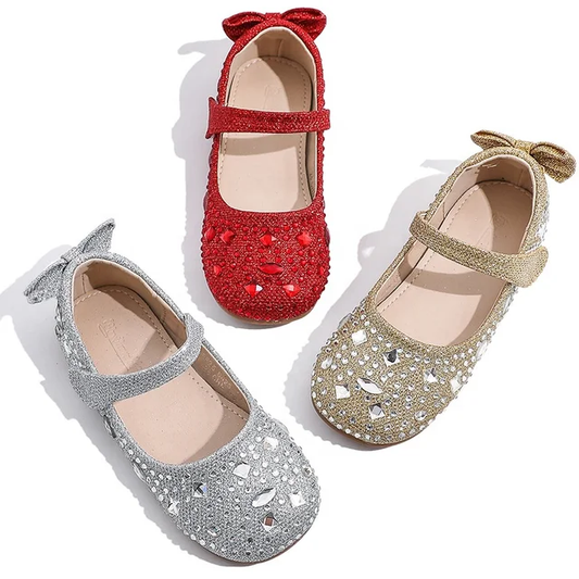 Rhinestone bow back party flats red, silver, gold