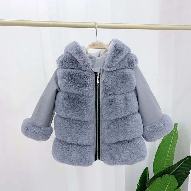 Mixed media fur and faux leather hooded coat