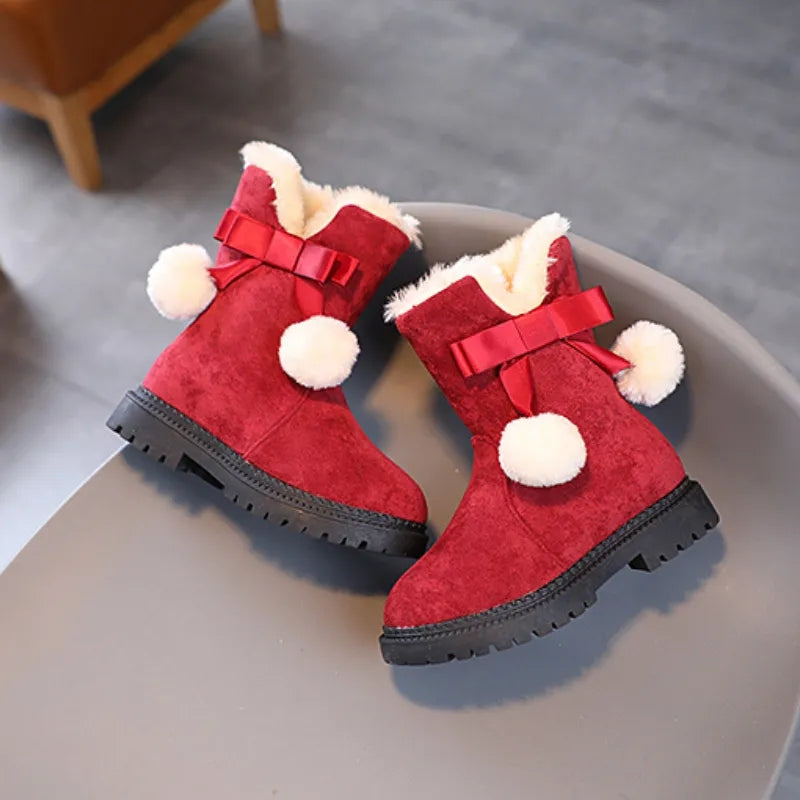 Fur lined Pom Pom ribbon boots