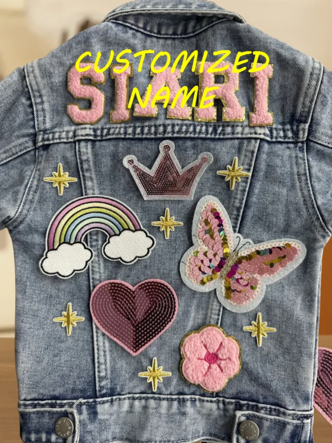 Personalized denim jacket chenille patches