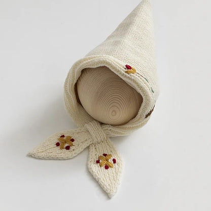 Crochet embroidered pixie hat bonnet