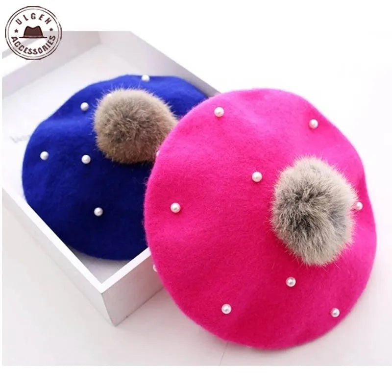 Fur pom pearl pom beret