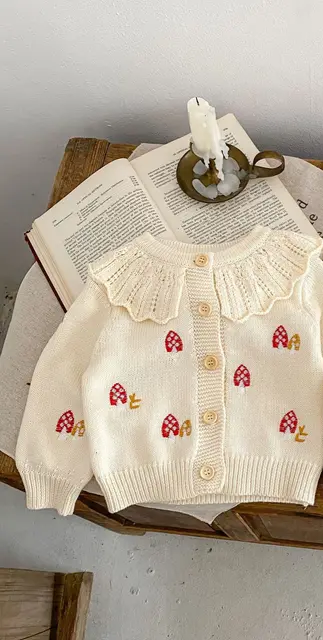 Mushroom embroidered cardigan with collar and romper