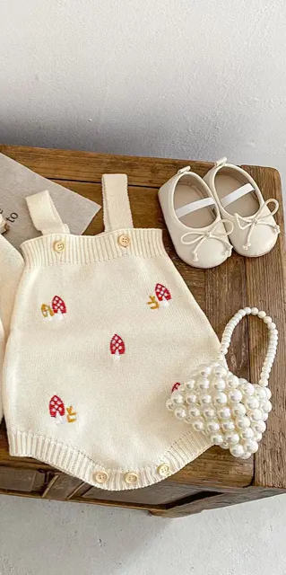 Mushroom embroidered cardigan with collar and romper