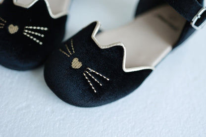 Luna Black cat velour kitty shoes with bell - Ready to ship