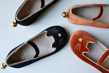 Luna Black cat velour kitty shoes with bell - Ready to ship