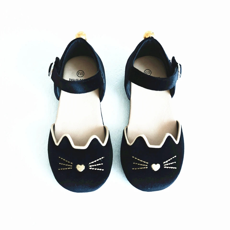 Luna Black cat velour kitty shoes with bell