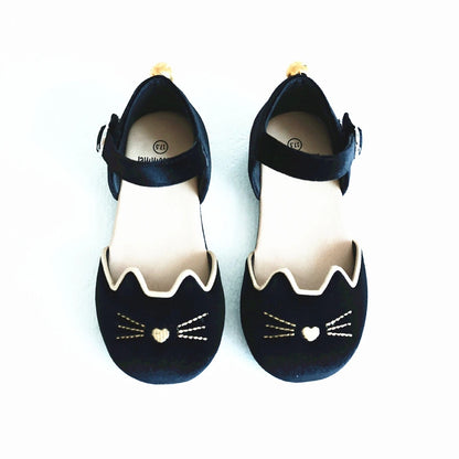 Luna Black cat velour kitty shoes with bell - Ready to ship