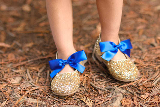 Charlotte glitter flats with interchangable satin bow