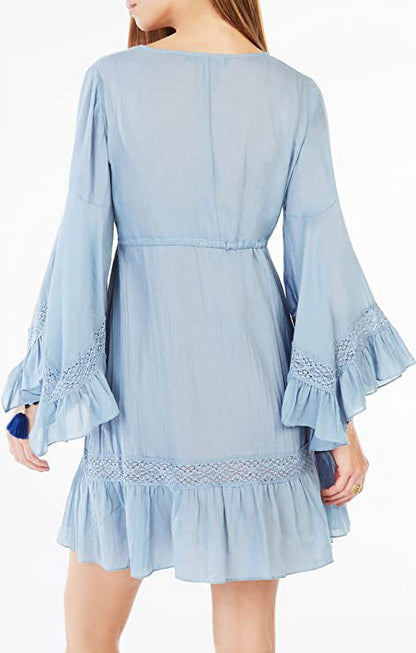 BCBGMAXAZRIA Jackleen Ruffled Peasant Dress Shadow Blue (Medium)