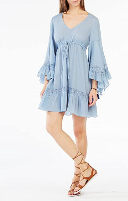 BCBGMAXAZRIA Jackleen Ruffled Peasant Dress Shadow Blue (Medium)