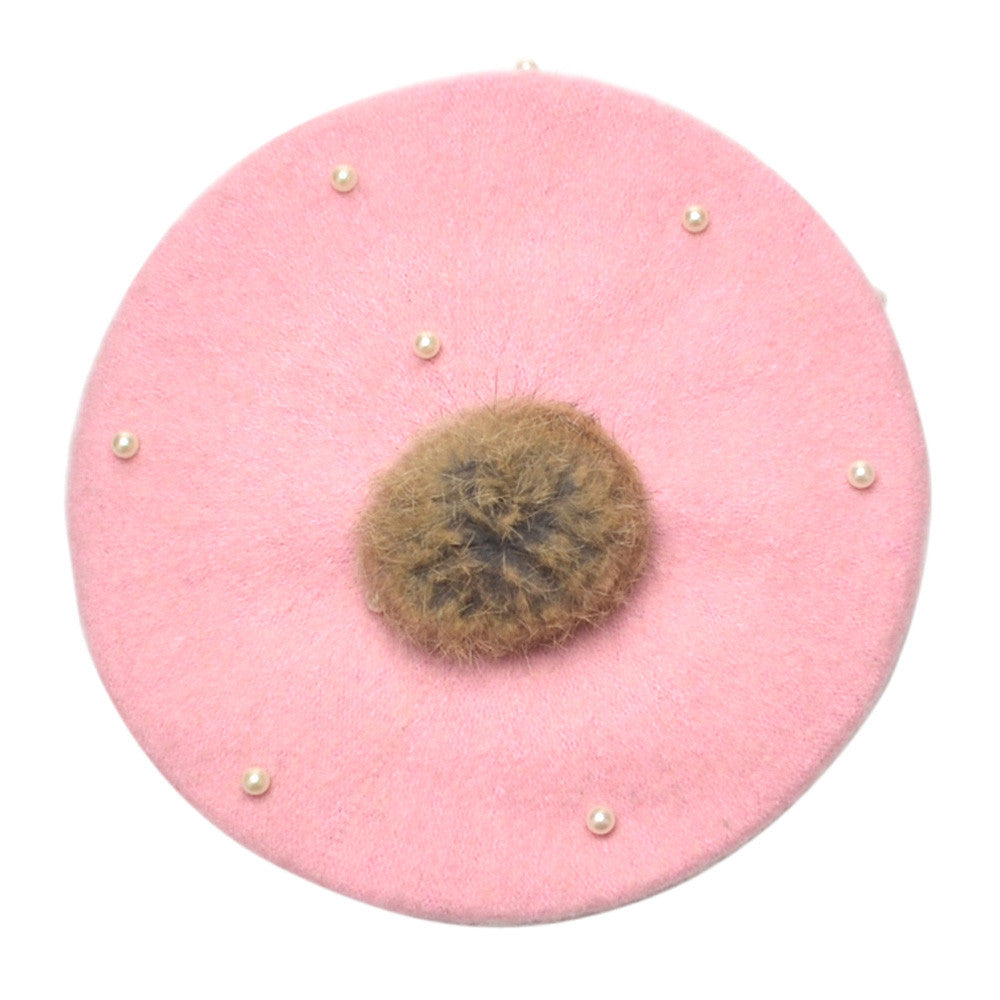 Fur pom pearl pom beret