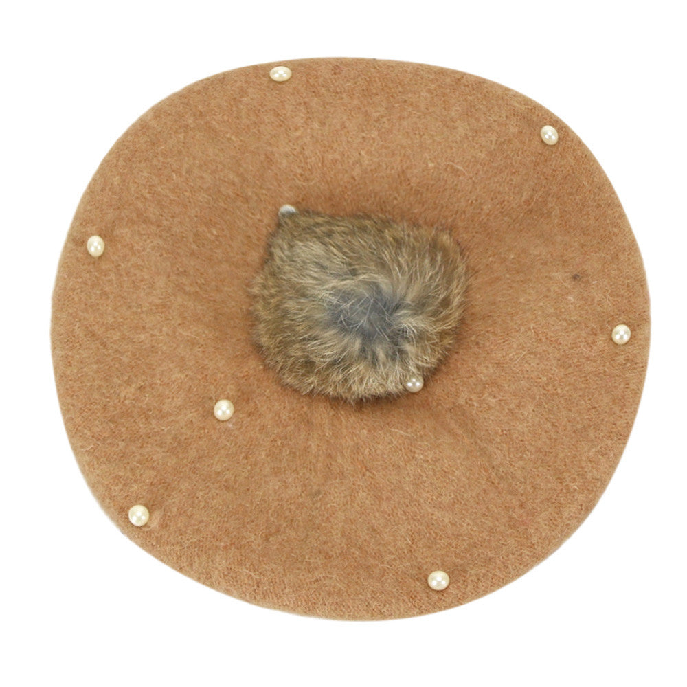 Fur pom pearl pom beret